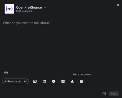 LinkedIn’s post editor, with the “Add a document” button in the toolbar.