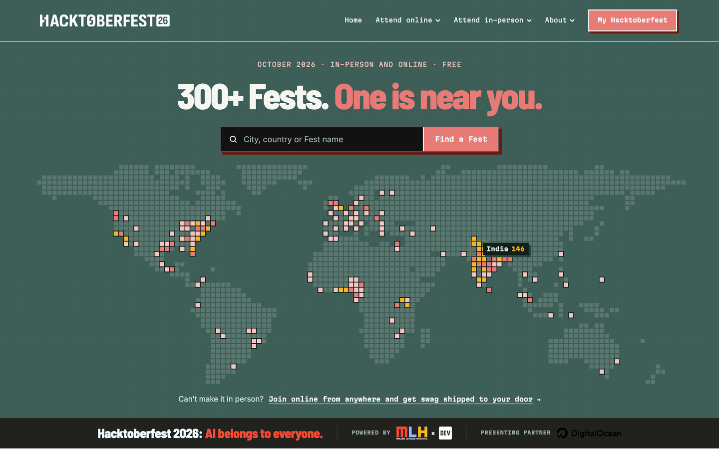 Hacktoberfest 2026 homepage: a world map of Fests, with 146 in India, powered by MLH and DEV, DigitalOcean presenting.