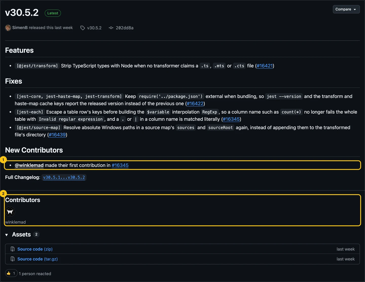 Jest v30.5.2 release notes: features and fixes, a New Contributors section with one first-timer, and a Contributors avatar.